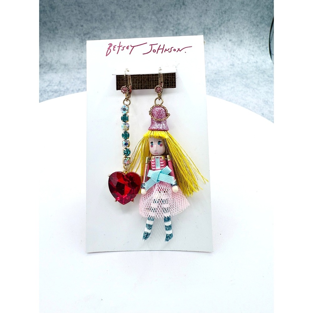 Betsey Johnson Nutcracker Girl Rhinestone Heart Mismatched Dangle Earrings